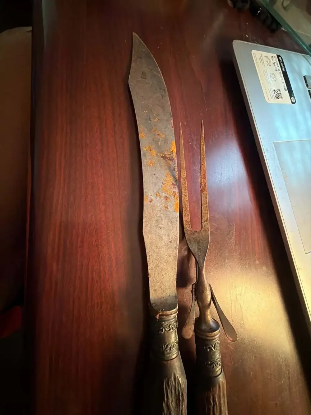 Vintage Antique Carving Set with Stag Antler Handles and Ornate Metal Ferrules